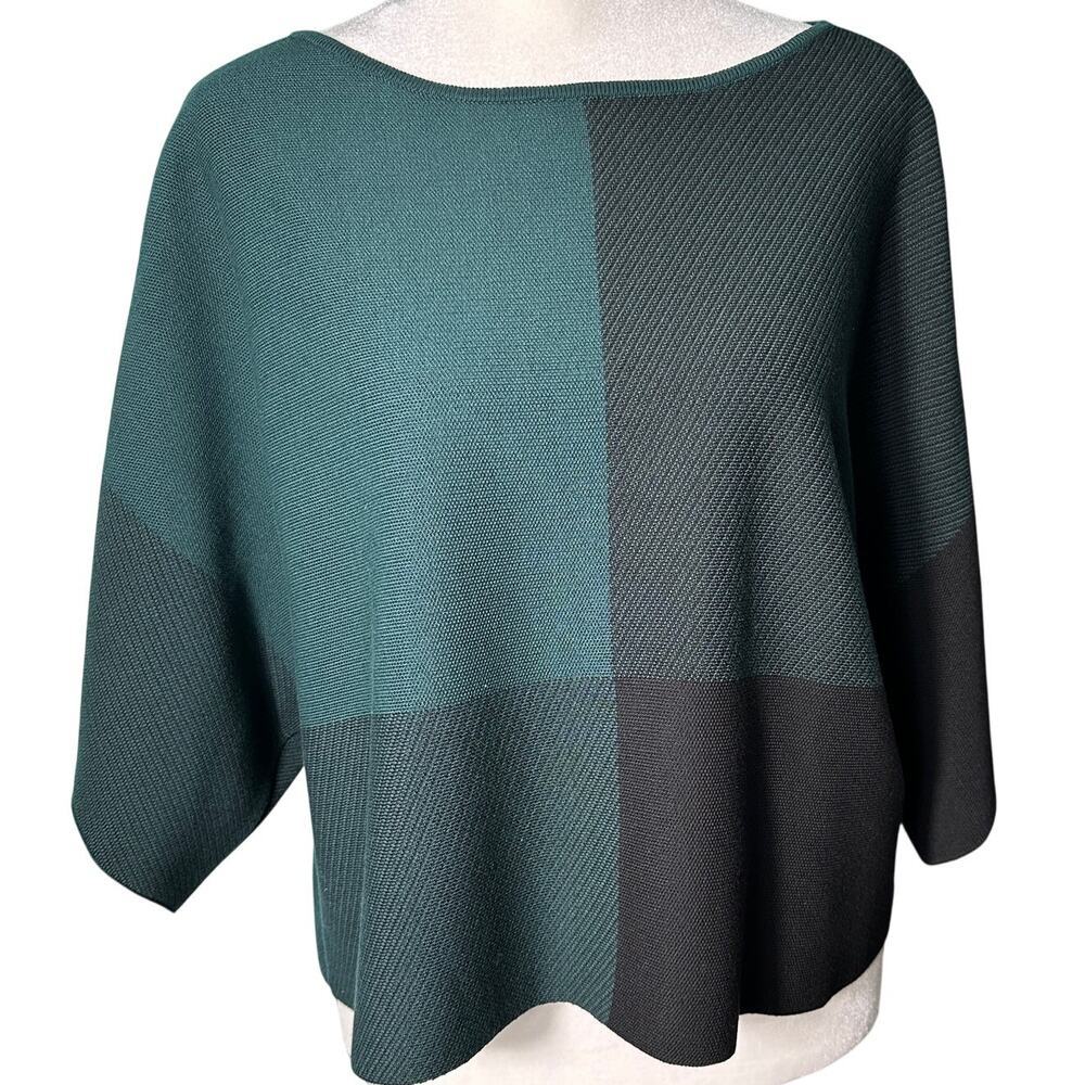 Eileen Fisher Cropped Green Colorblock Pullover Sweater Batwing Sleeve Sz PP